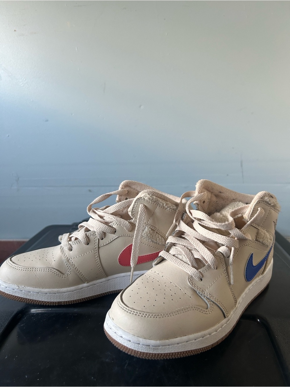 Jordan Kids Beige High-Top Sneakers with Red & Blue Swooshes